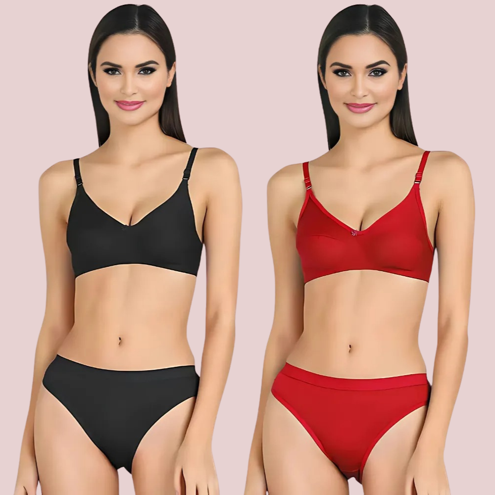 Women's Cotton Non-Padded Wire-Free Bra & Panty Set (Pack of 2)